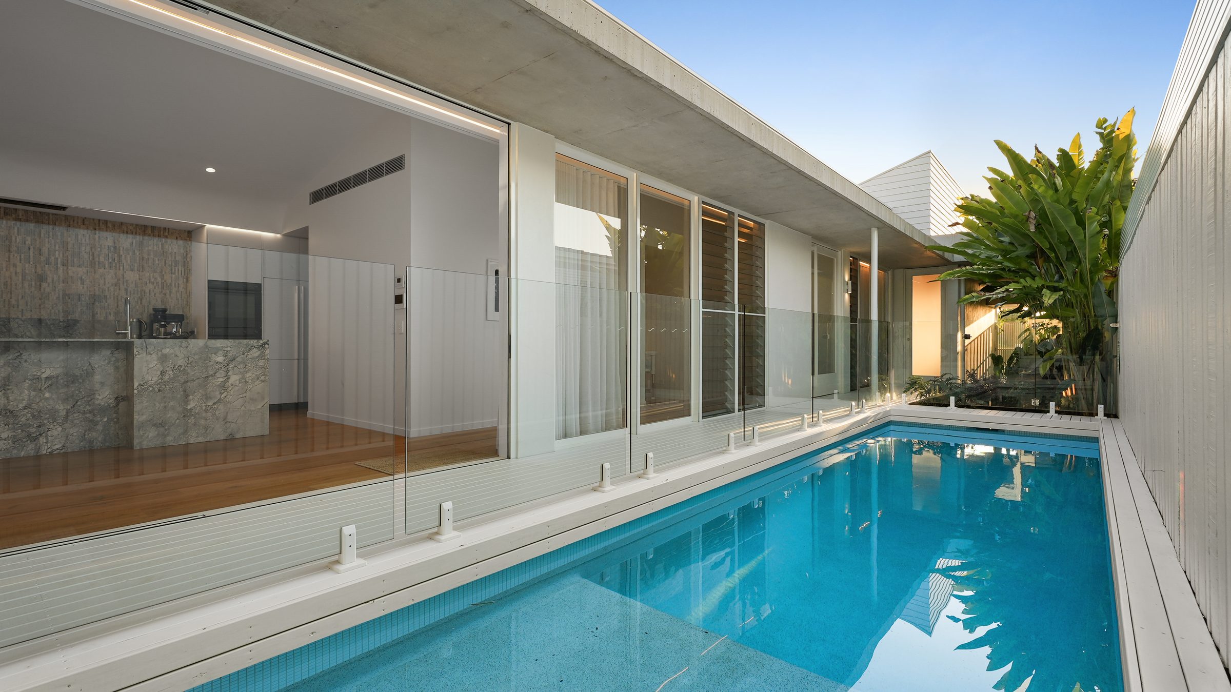 Lap pool with concrete eaves and banana plant
